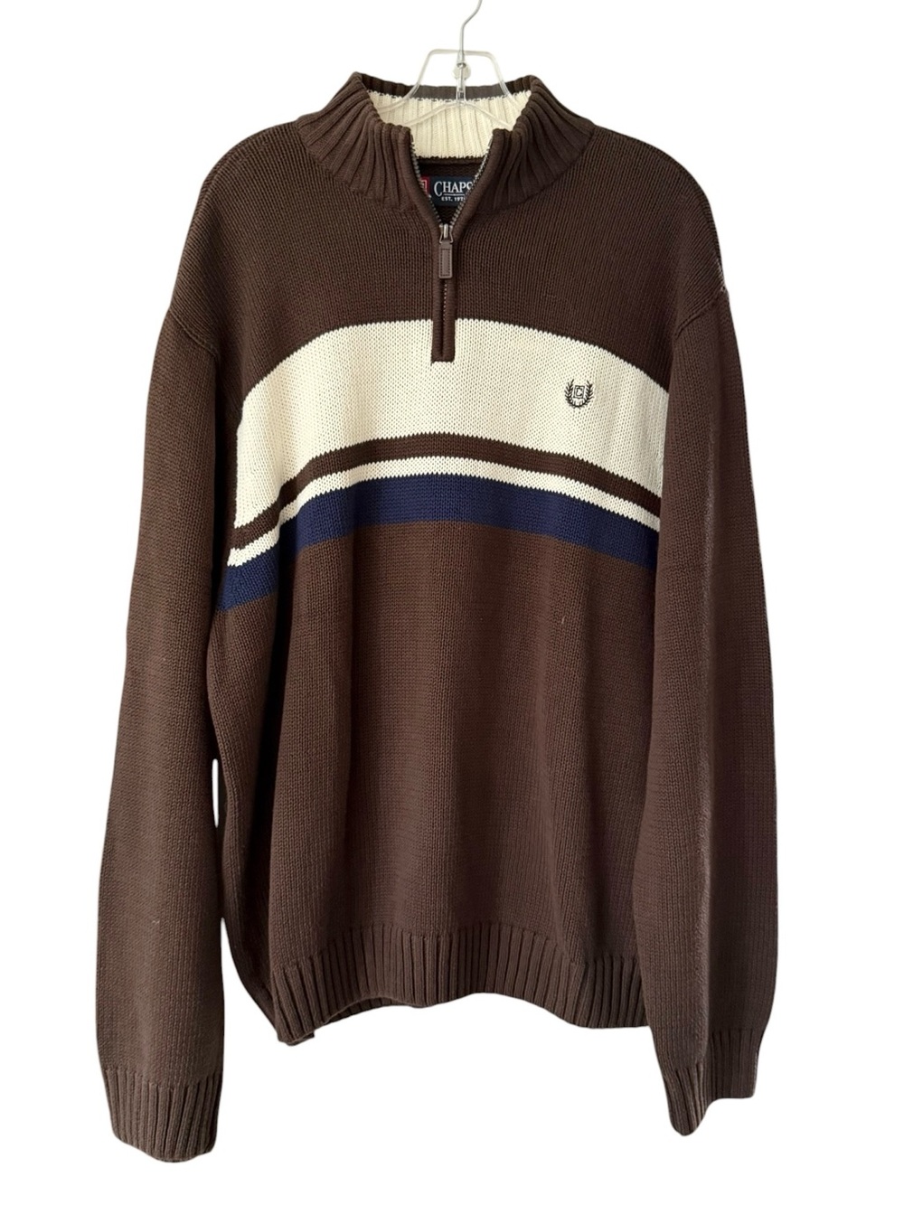 Chaps Men's Brown 1/4 Zip Mock Neck Sweater 100% Cotton 3X Cream Navy Stripes